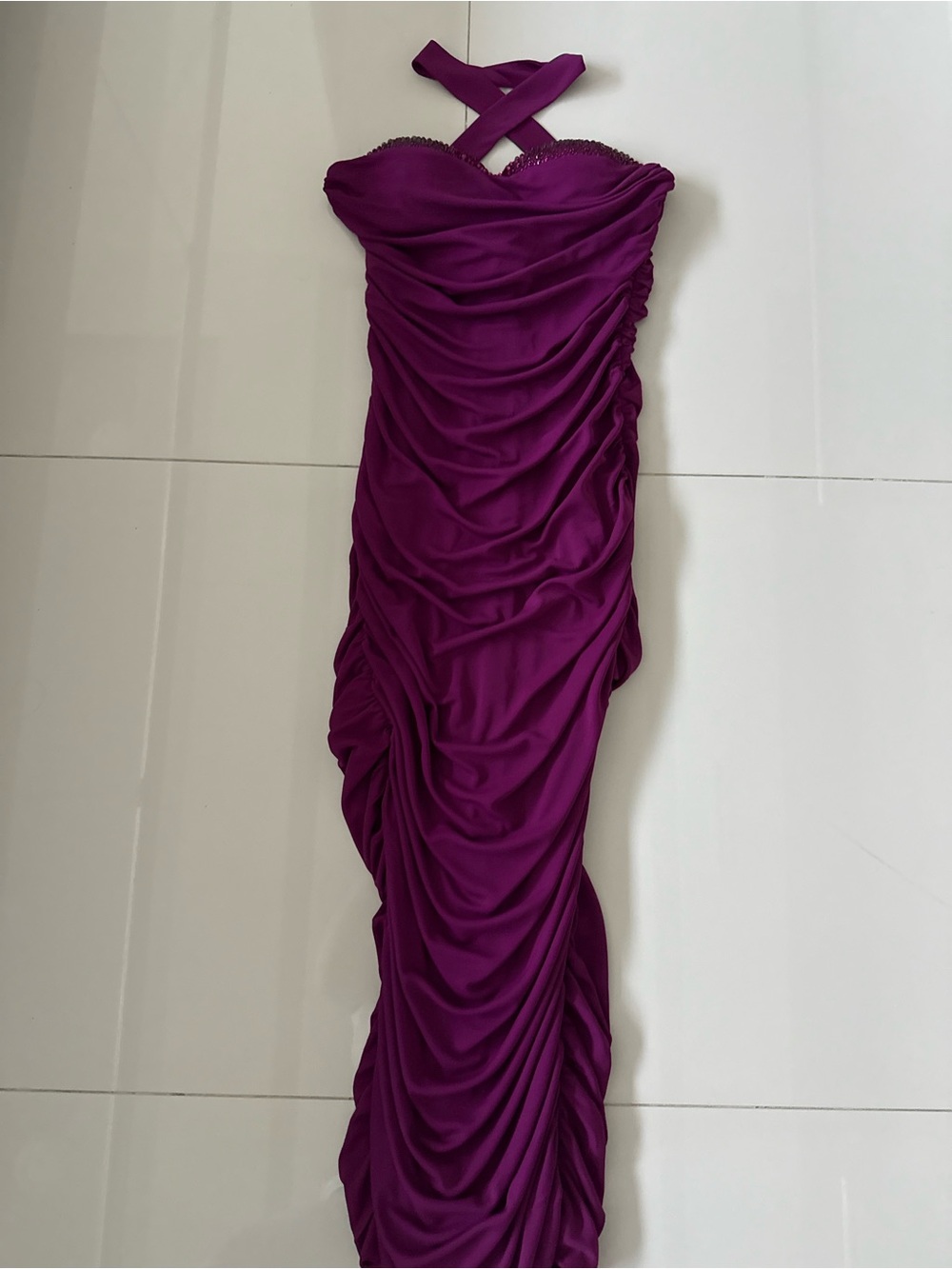 Strapless Ruched Evening Dress in Deep Magenta